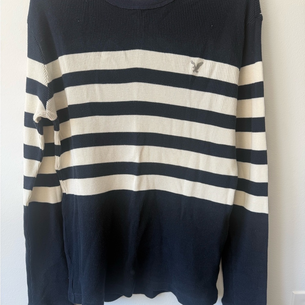 American Eagle Outfitters Navy and Cream Striped Crewneck Sweater